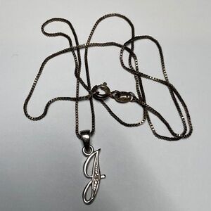 RJ Sterling Silver Letter J Pendant W / Diamond. 19 inches long